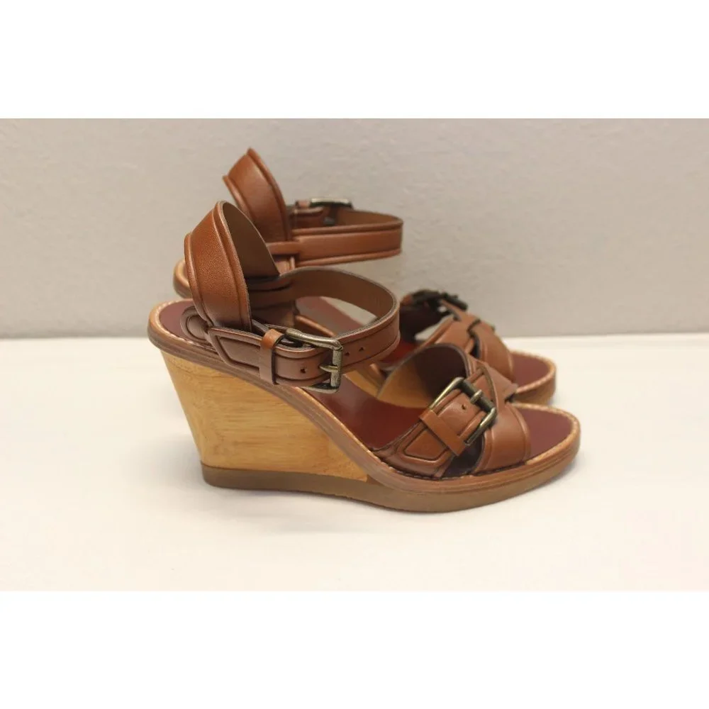 Bawcock wood leather adjustable buckle cross strap wedge sandals‎ 37